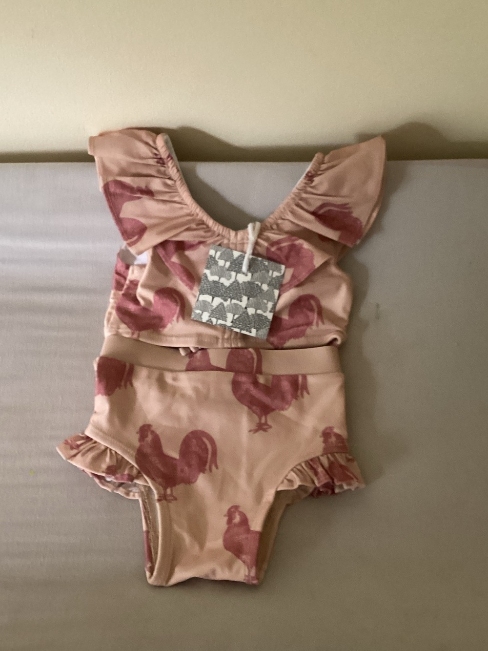 kate quinn Pink Rooster Print Ruffle Bikini Set